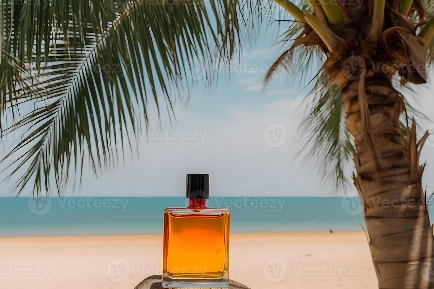 A bottle of perfume on the seashore is enveloped in a wave. Yellow sand on the beach, marine cosmetics and fragrance. Neural network photo