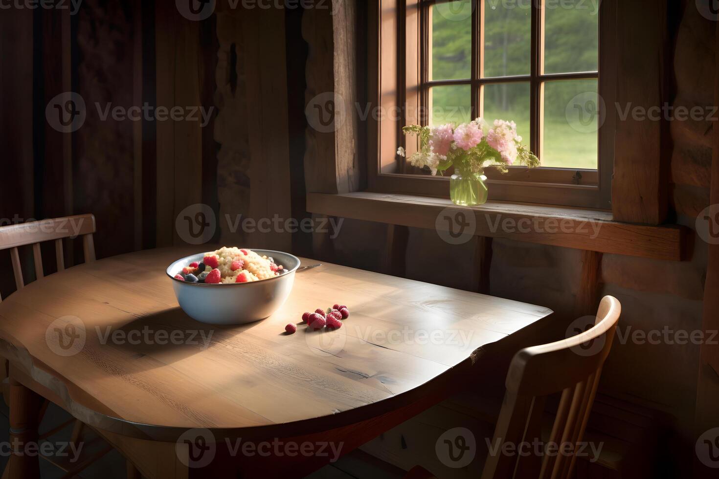 Healthy bowl of oatmeal with berries. Neural network photo