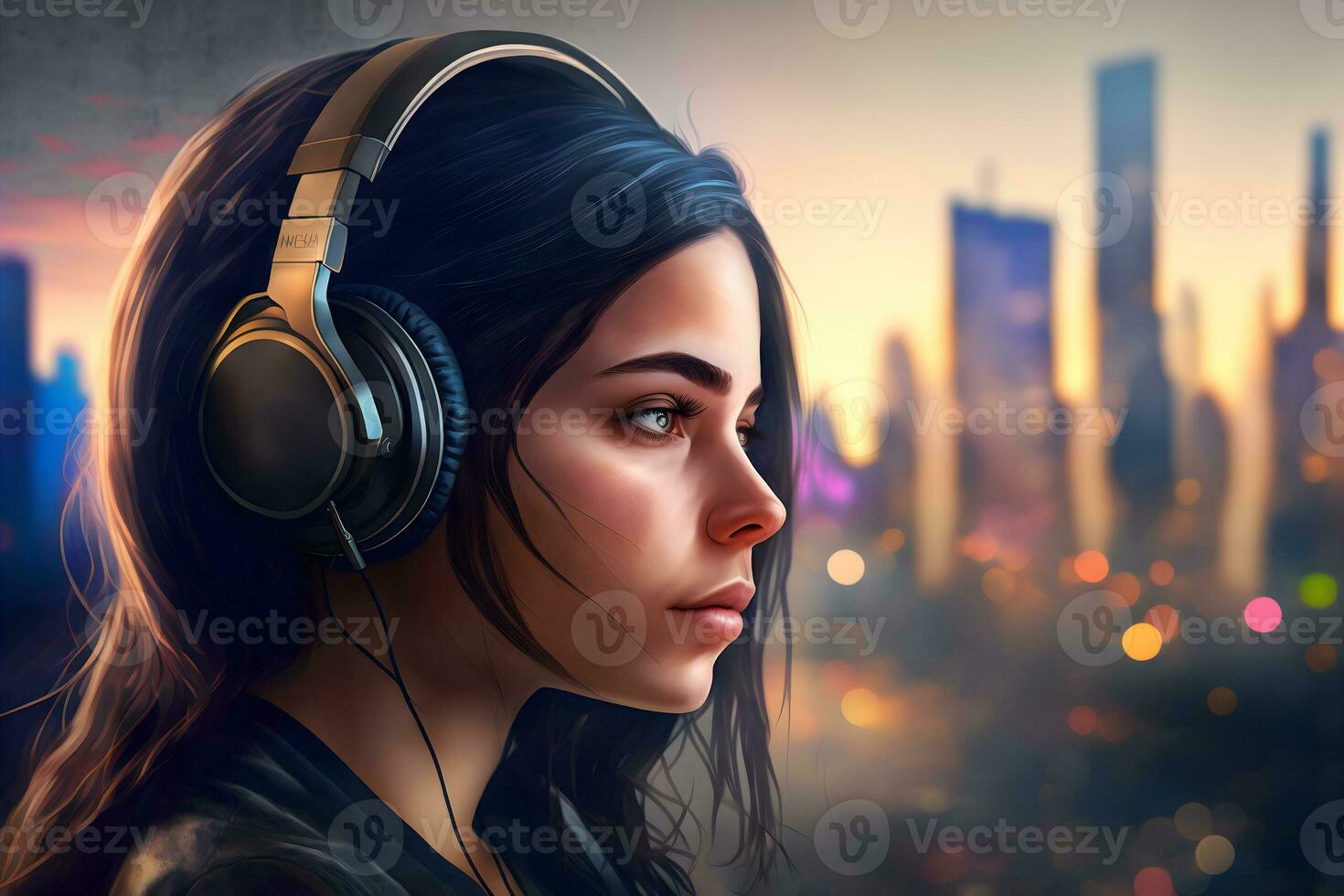 Portrait of young girl with black hair listening music with headphones on city street. Neural network generated art photo