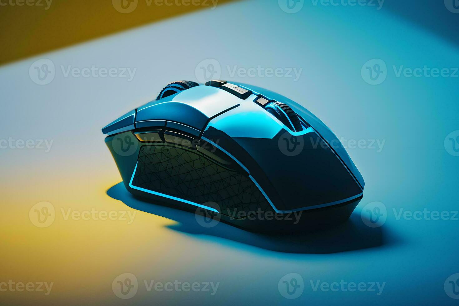 Futuristic custom PC mouse concept with glowing blue tones. Neural network generated art photo