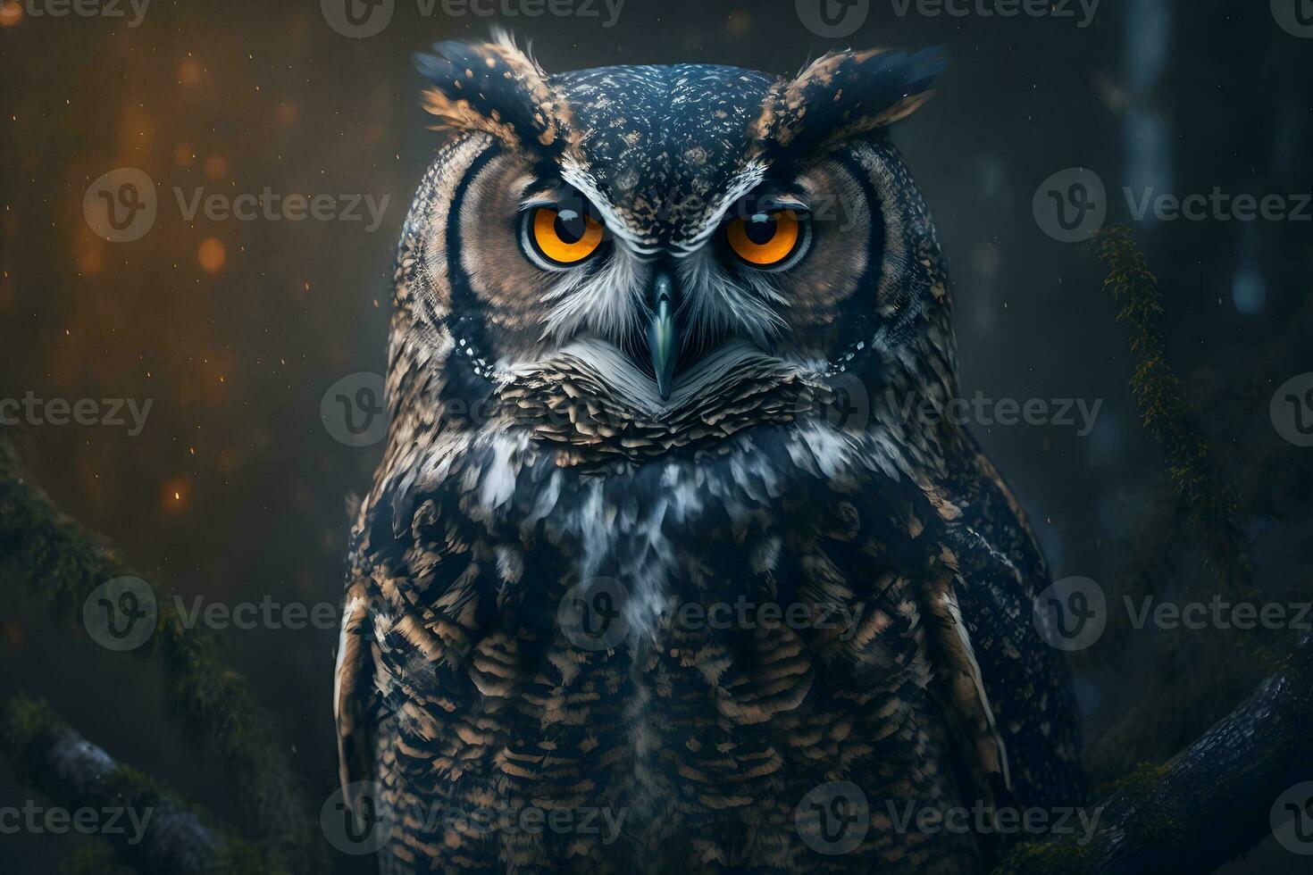 European eagle owl perched on a post and staring forward against a dark background the eyes are penetrating the viewer. Neural network generated art photo