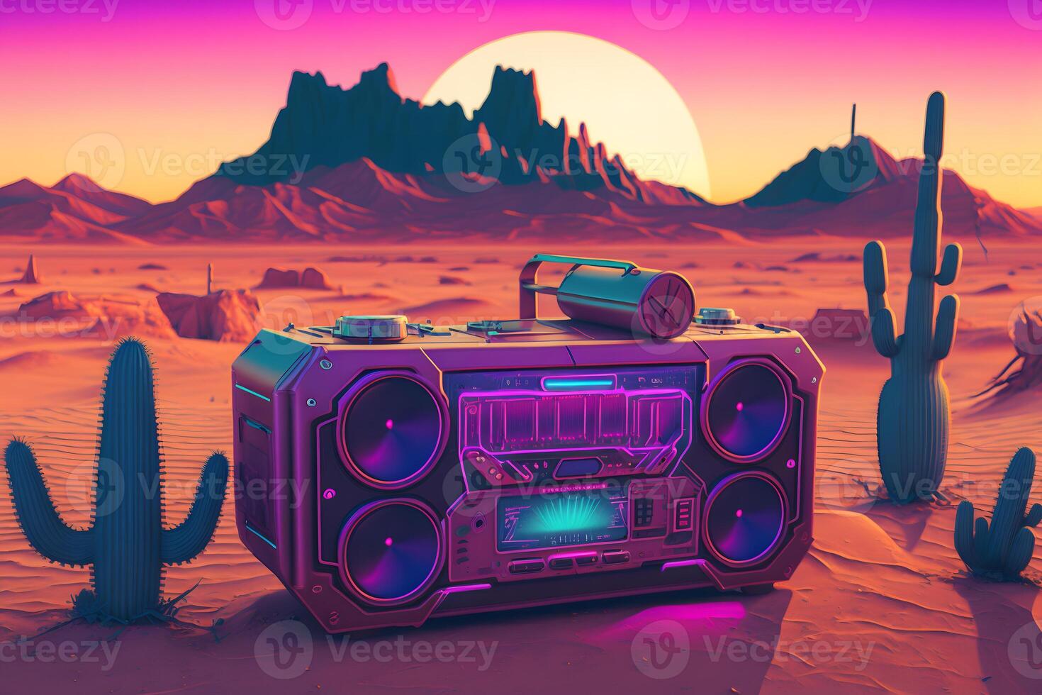 Vintage radio boombox in the desert, retrowave, synthwave. Neural network photo
