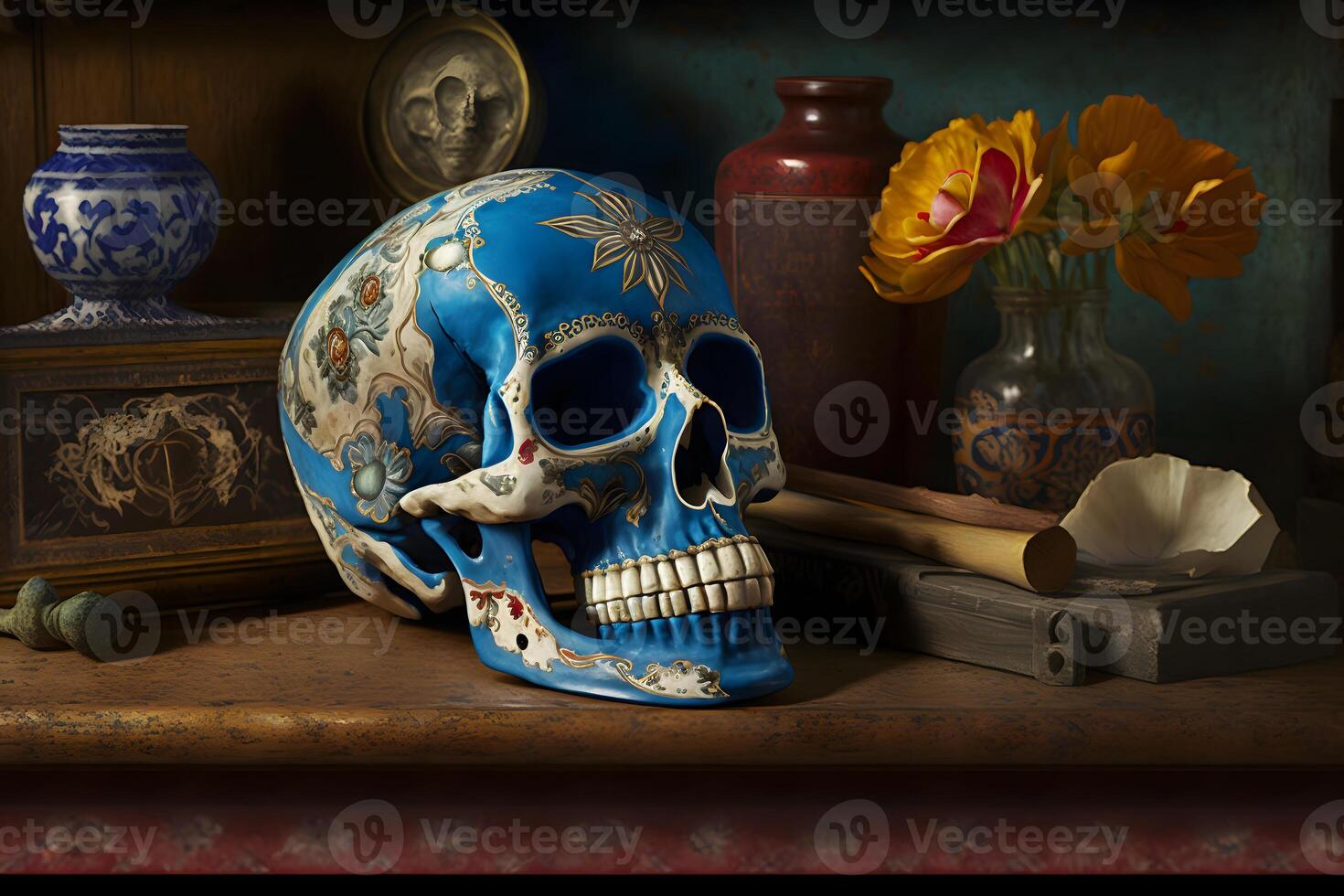 Halloween Dia De Los Muertos Celebration With Sugar Skull. Neural network photo