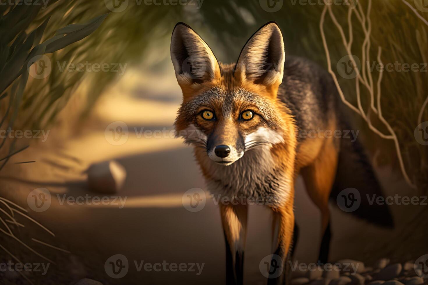 Fox in green forest. Wildlife scene from nature. Neural network photo