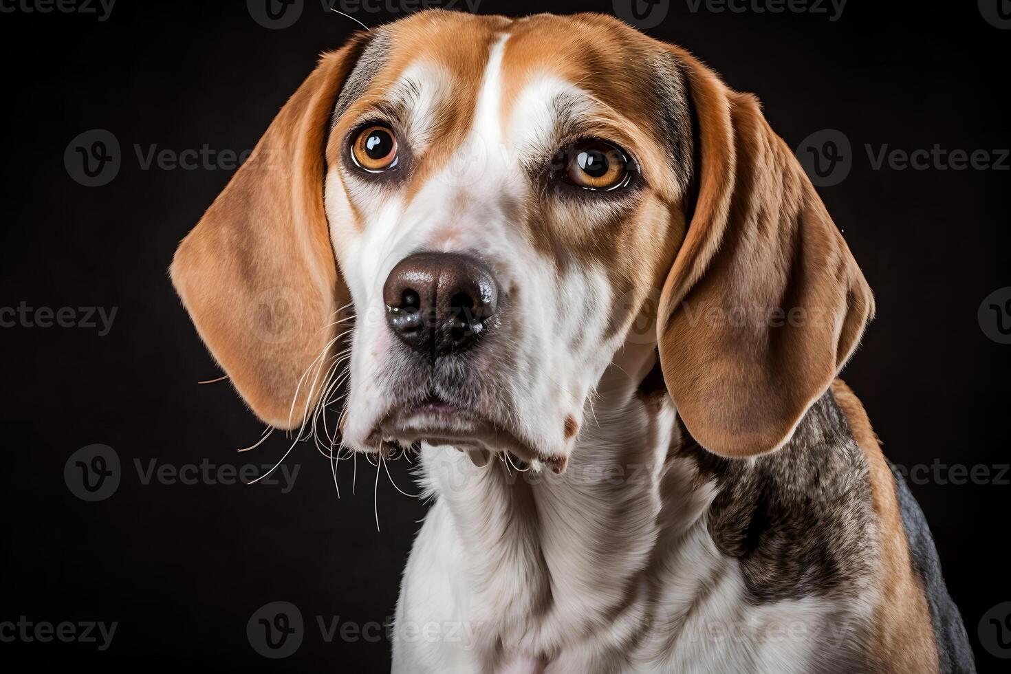 Beagle dog in portrait against black background. Neural network photo