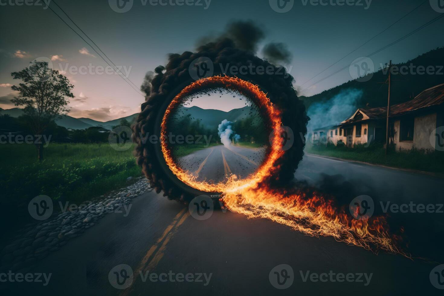 Wheel, tire burning on the track. Neural network photo