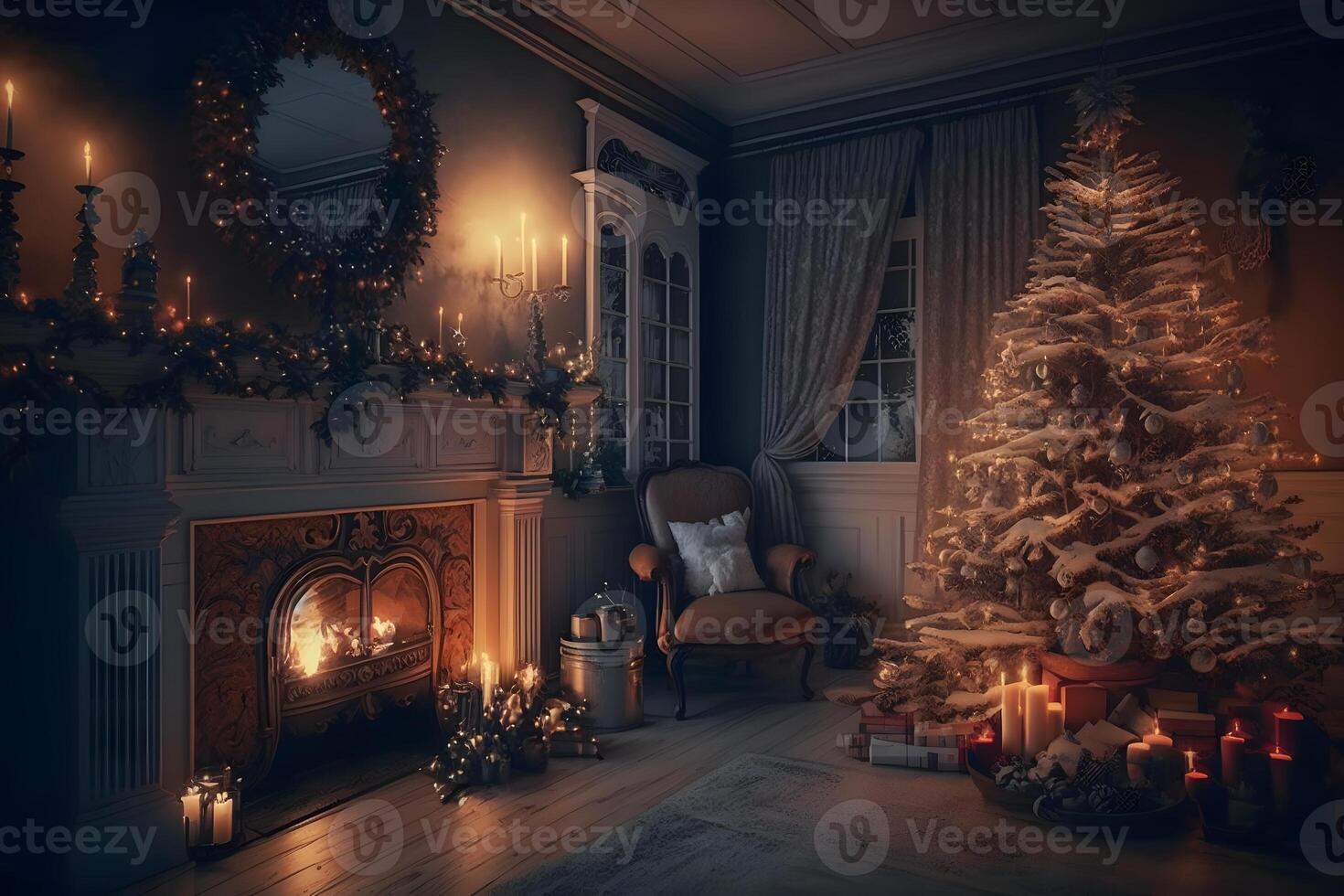 Beautiful cozy Christmas interior with a fireplace. Neural network photo