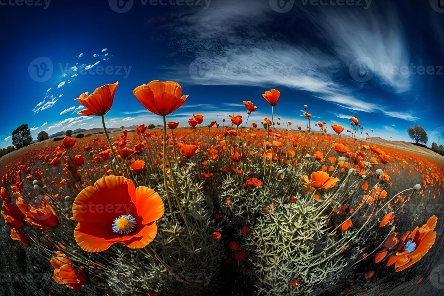 Landscape with nice sunset over poppy field - panorama. Neural network photo