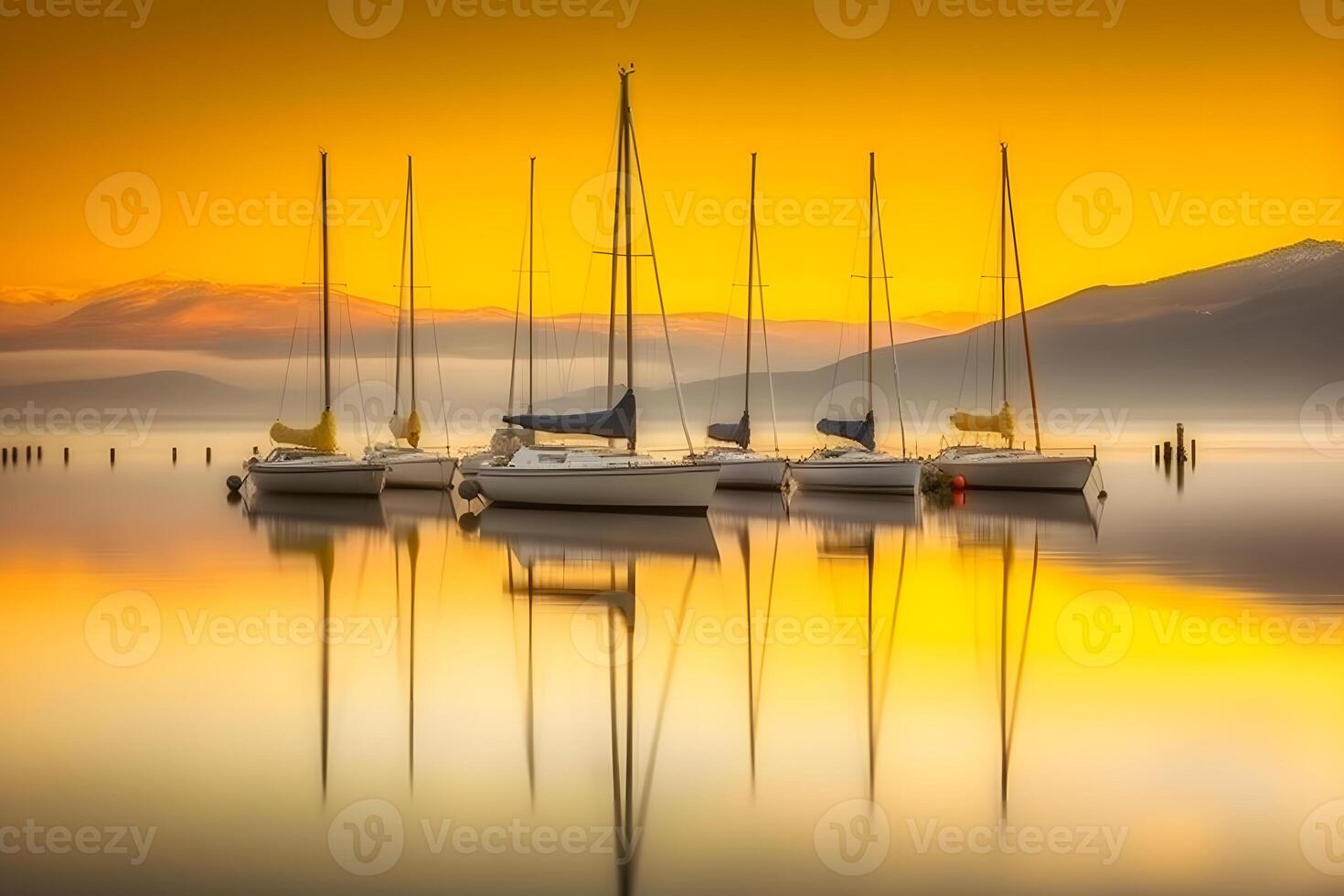 Small boats and yachts in the bay of the sea at sunset. Neural network photo