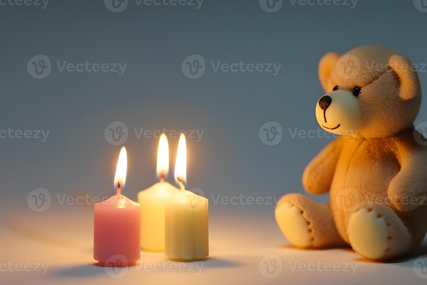 Teddy bear wearing birthday hat and a birthday cake. Neural network photo