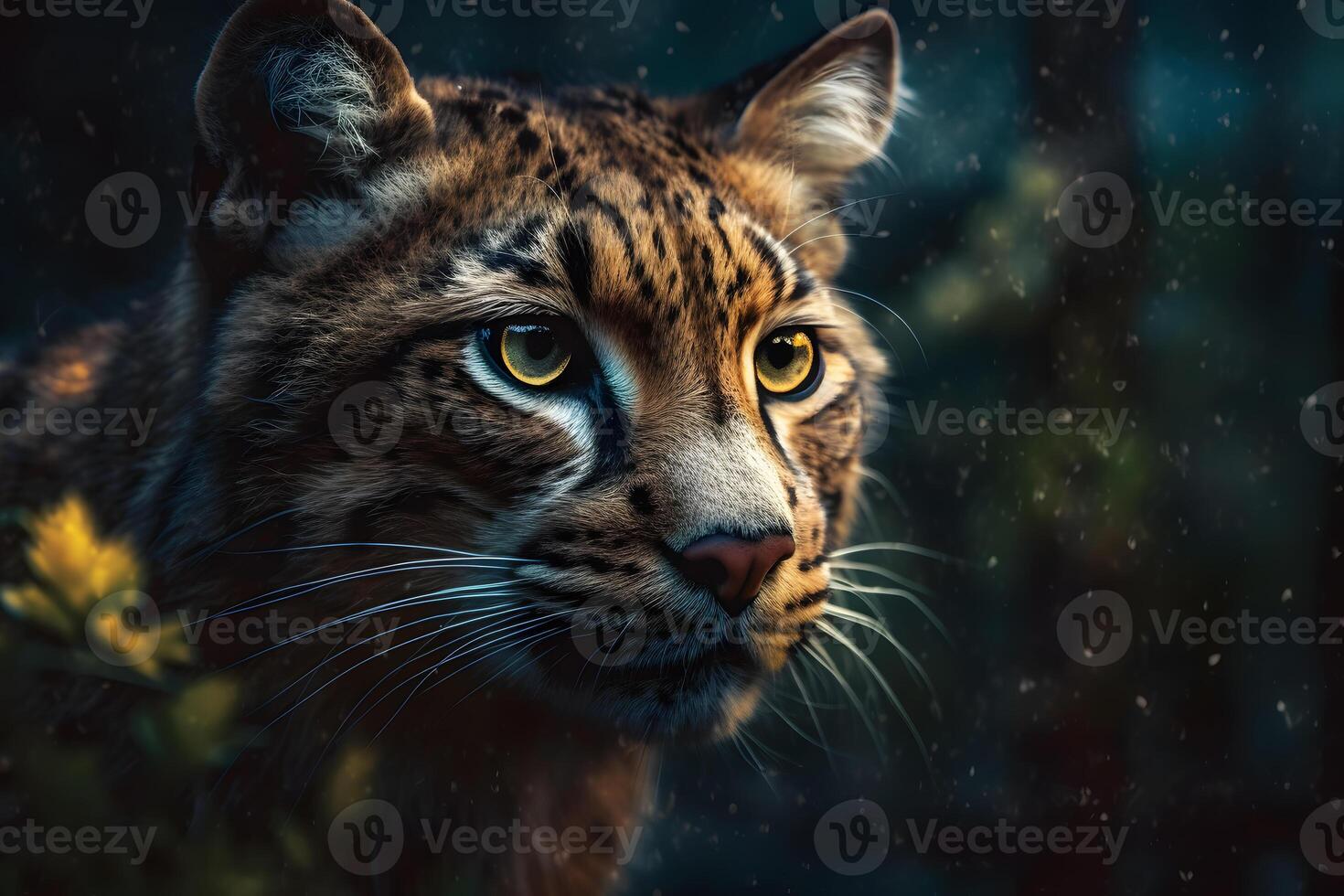 leopard portrait close up on dark background. Neural network photo