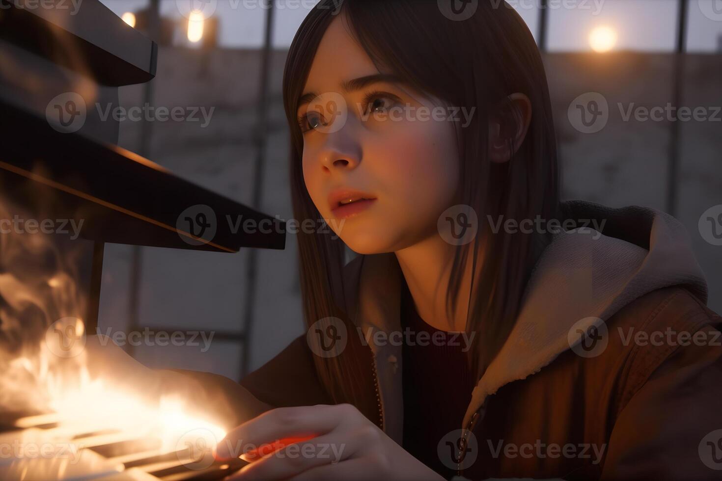 Girl playing the piano next to the fire. Neural network photo