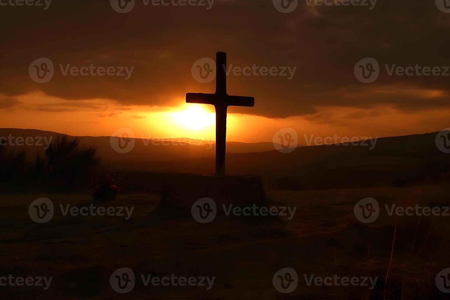 el crucifixión de el crucifixión de Jesús Cristo en el acantilados y montañas. neural red ai generado foto