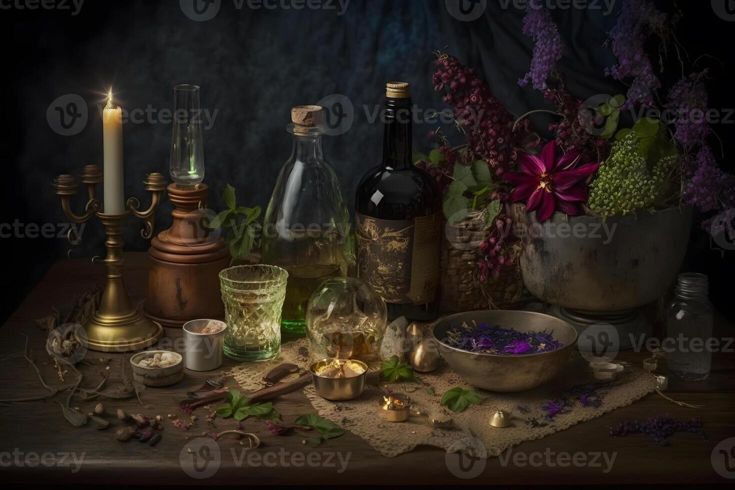 Witchcraft magical still life with alchemical bottles. Neural network photo