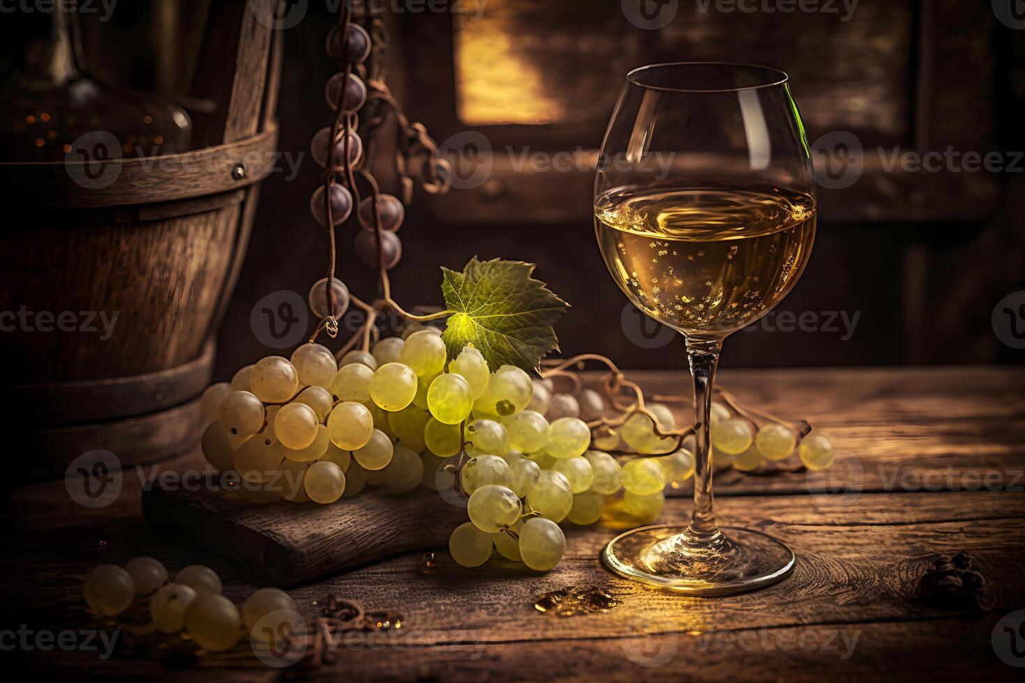 glass of dry White wine ripe grapes and glass on table in vineyard. Neural network photo