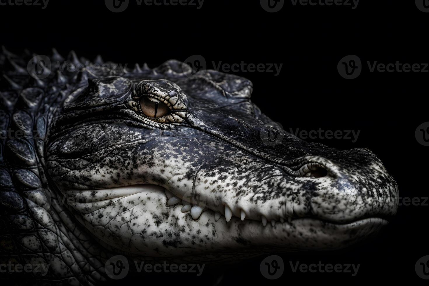 Close up view crocodile. Wild animal isolated on a black background. Neural network photo