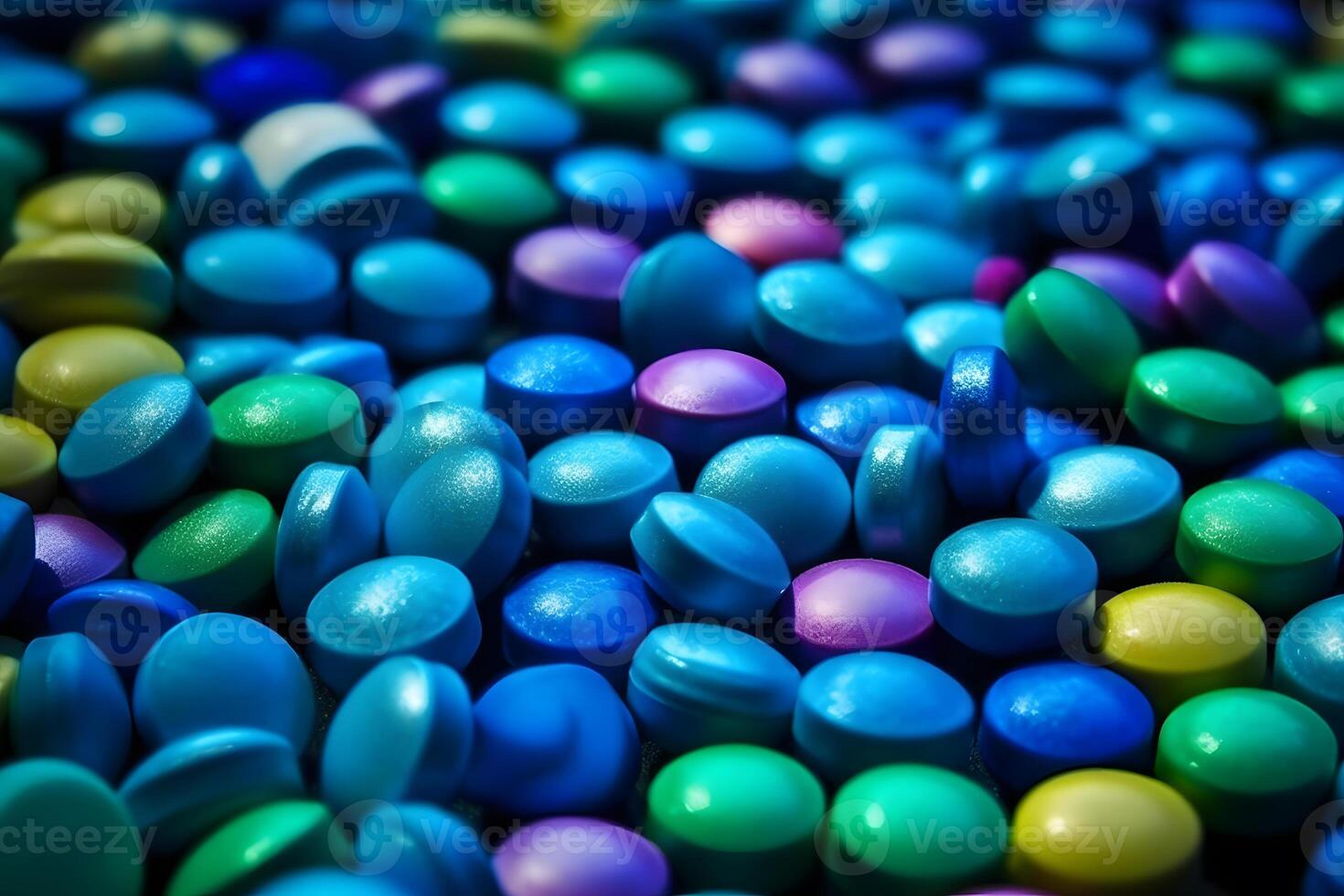 Many multicolored pills background. Neural network photo