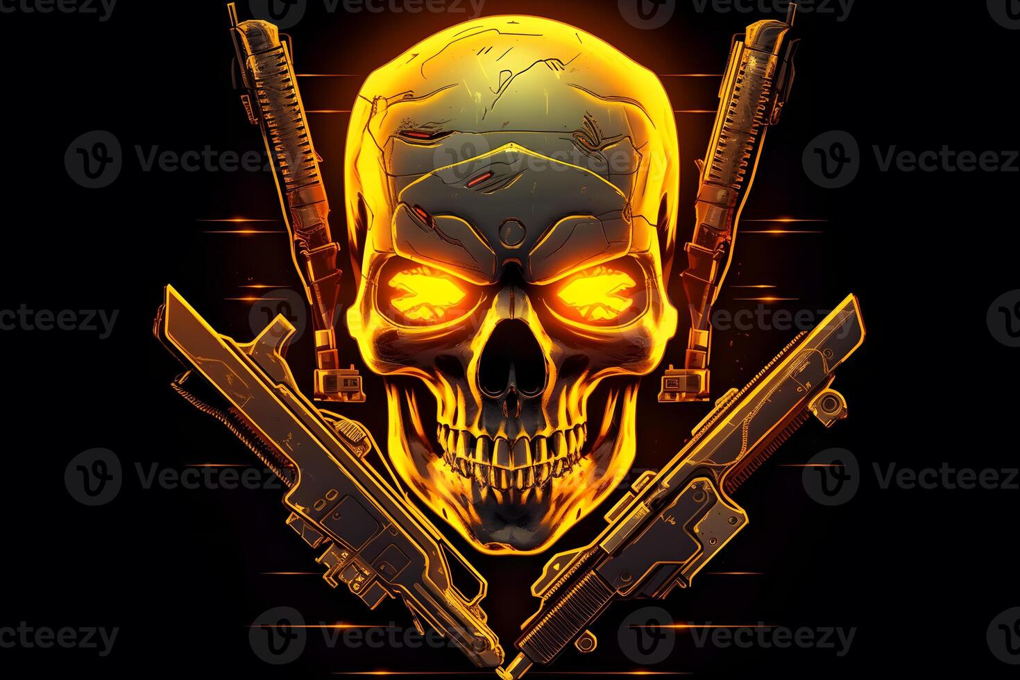 Yellow punk cyber human skull with weapon. Neural network photo