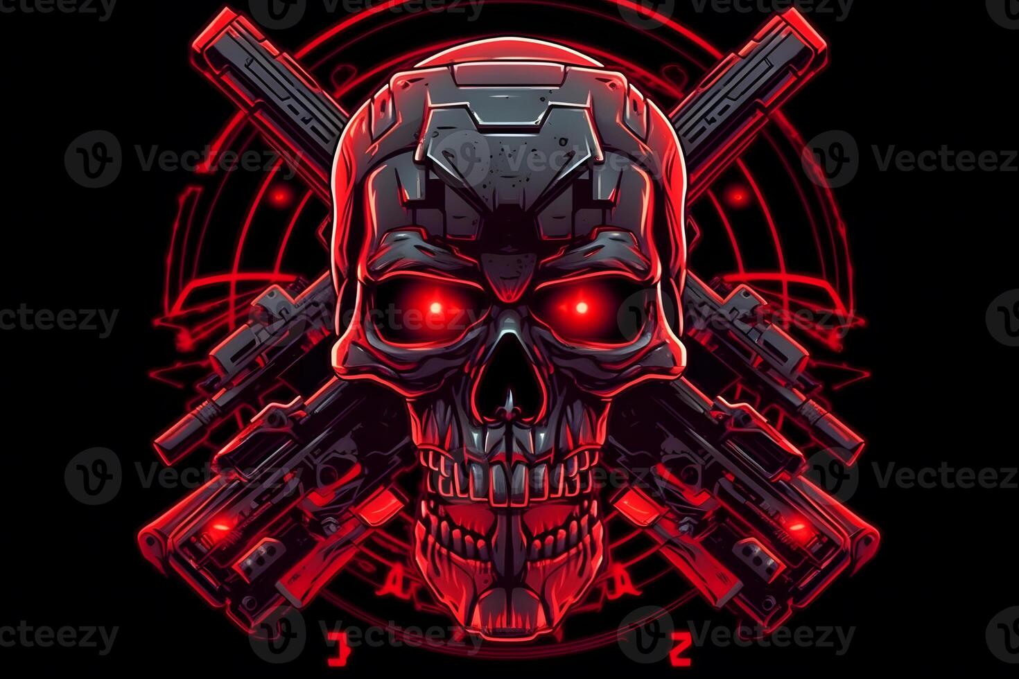 Red punk cyber human skull with weapon. Neural network photo