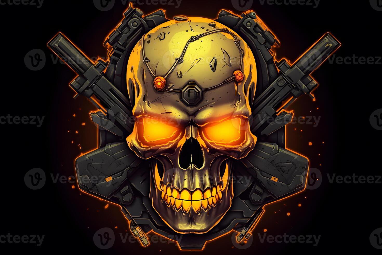 Yellow punk cyber human skull with weapon. Neural network photo