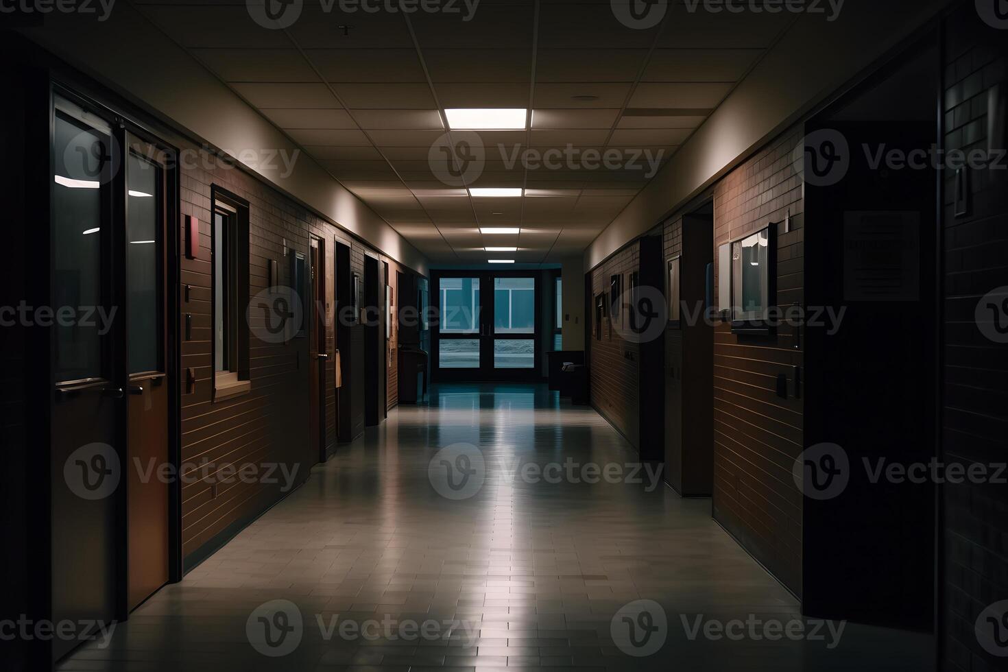 Dark corridor or hallway with many doors, vintage toned. Neural network photo