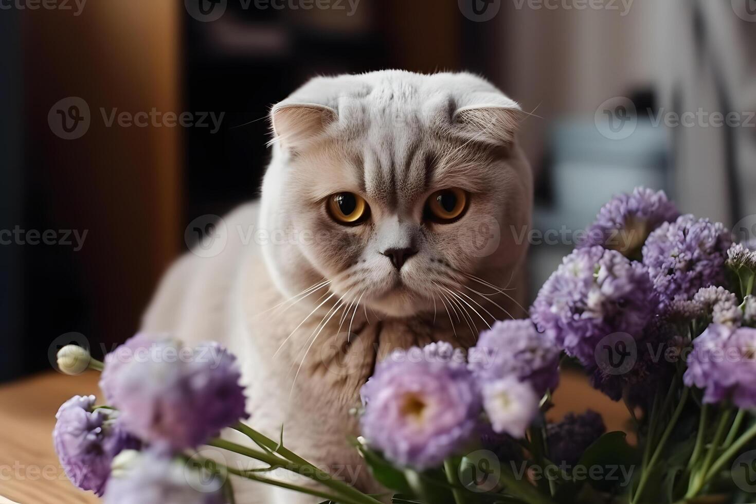 Grey British cat and flowers. Neural network photo