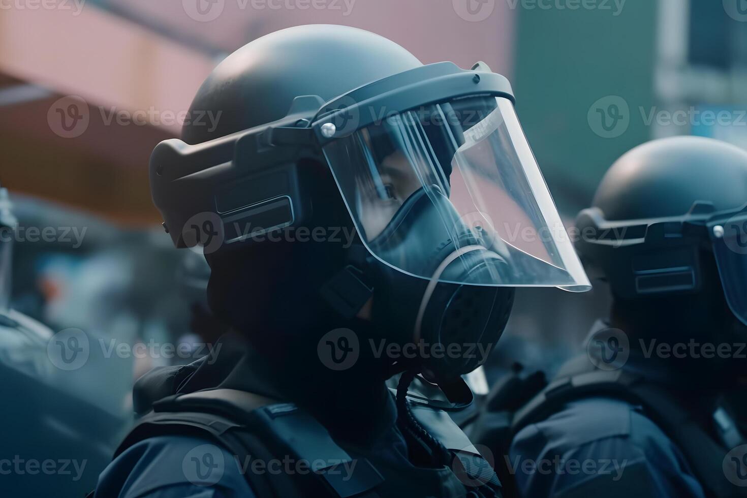 Low angle of anonymous police soldiers in protective uniforms and helmets standing against squad van and defending by riot shields. Neural network photo