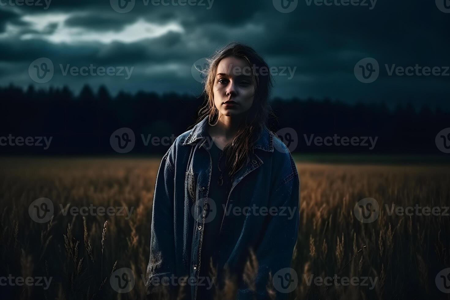 retrato de un hermosa niña en el noche en el campo. neural red ai generado foto