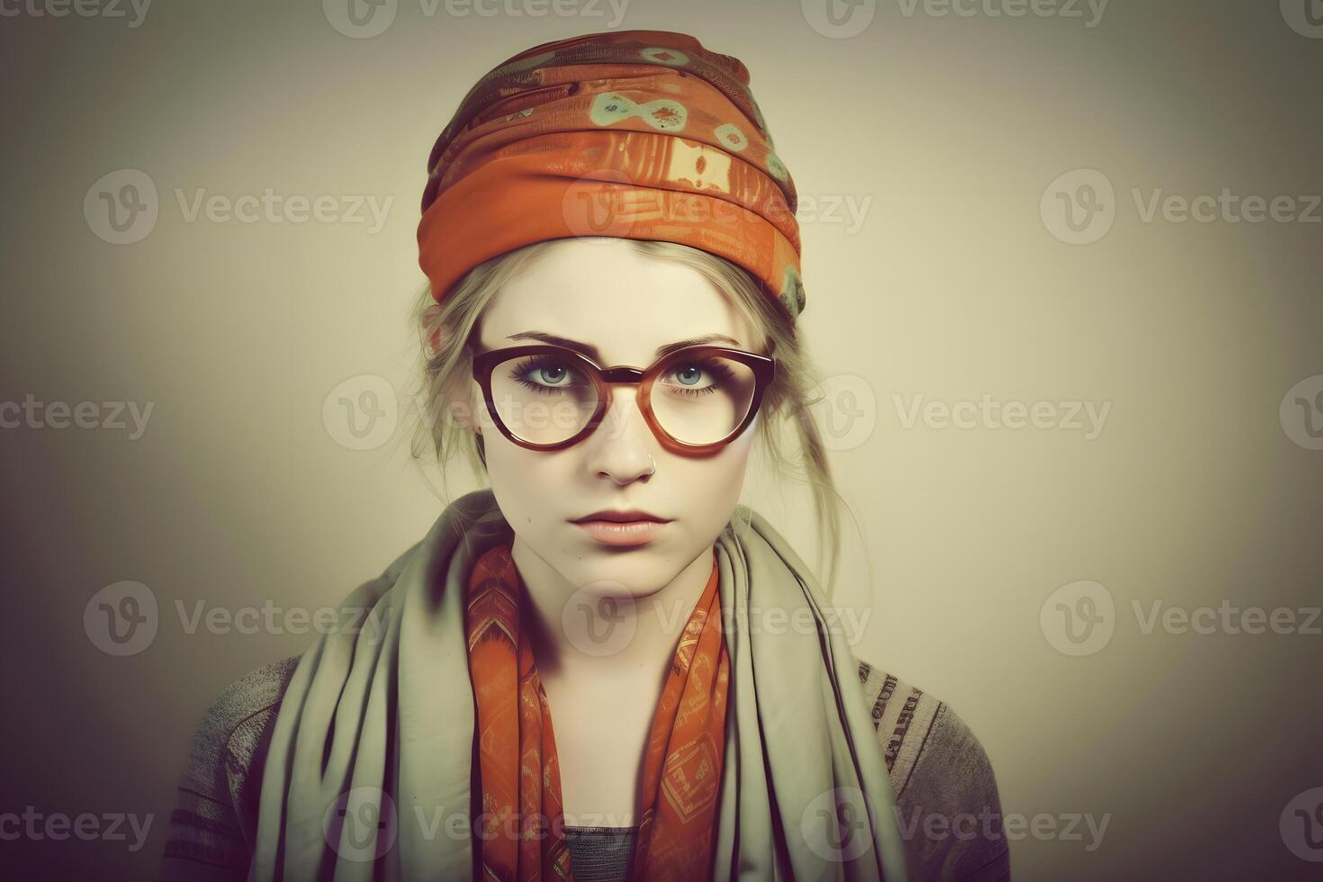 Close up portrait of young woman in turban. Neural network photo