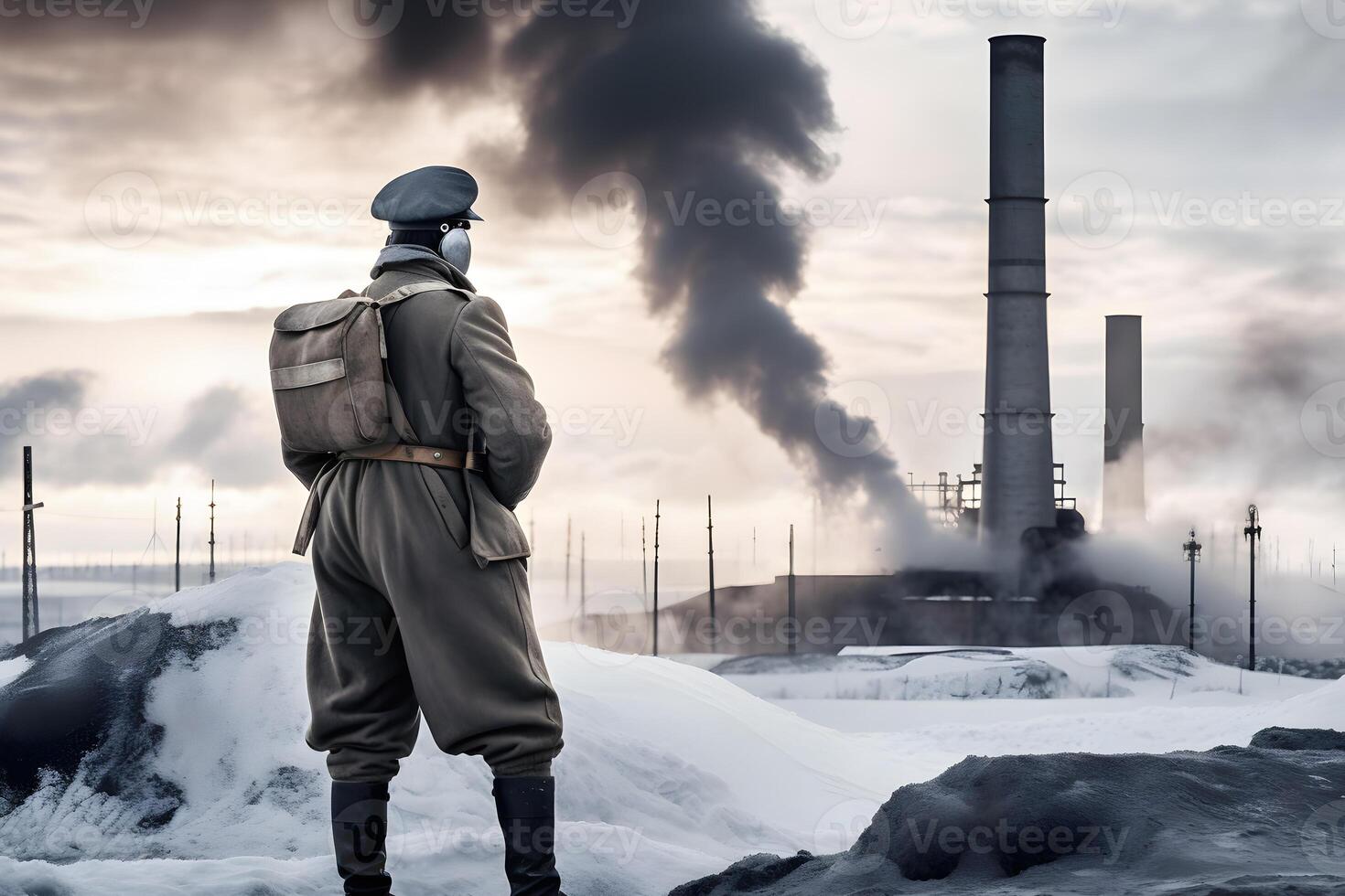 Winter arctic mountains warfare. Soldier in cold conditions. Neural network photo