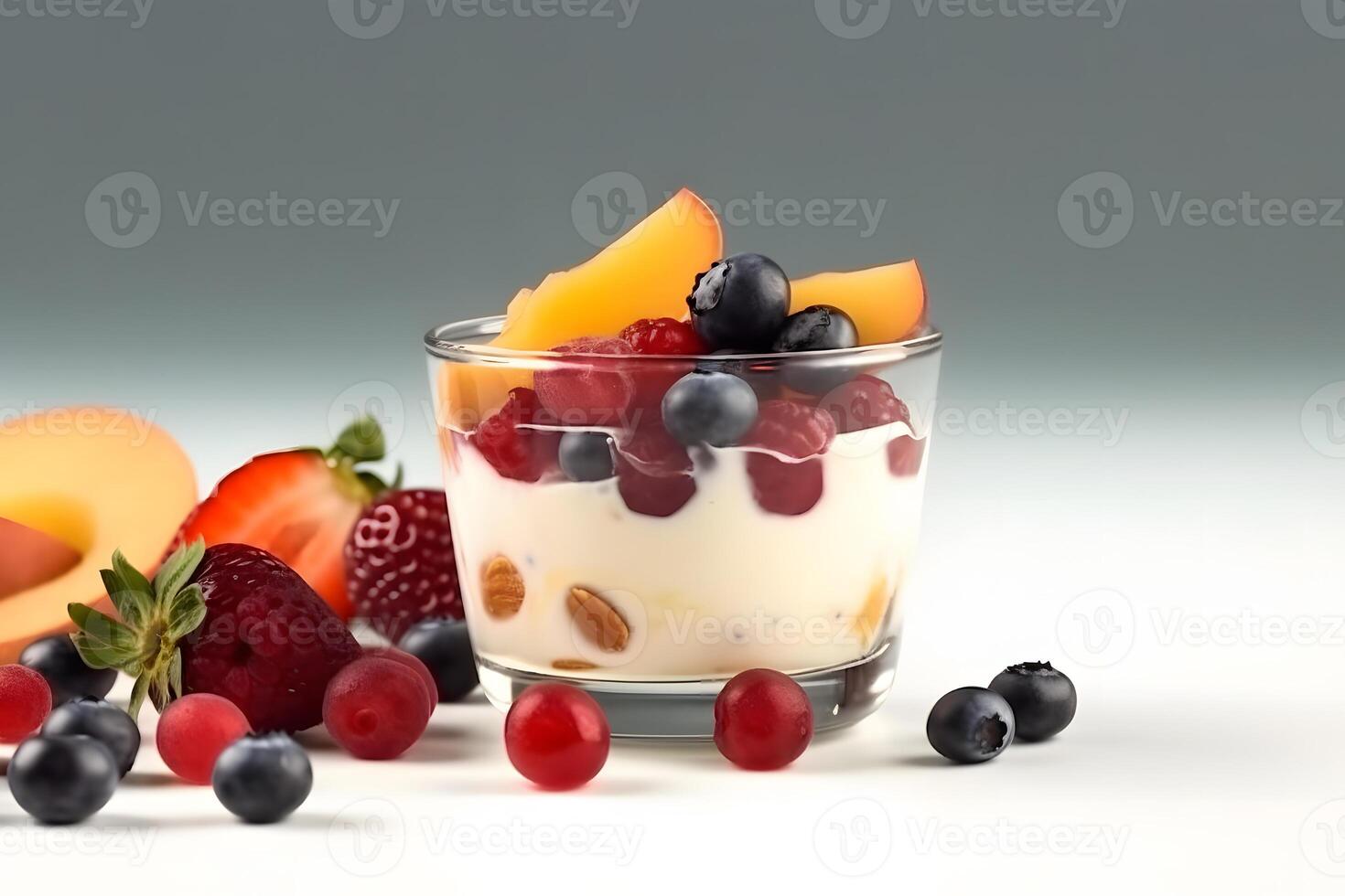 Healthy breakfast, natural yogurt with fresh berries and muesli. Neural network photo