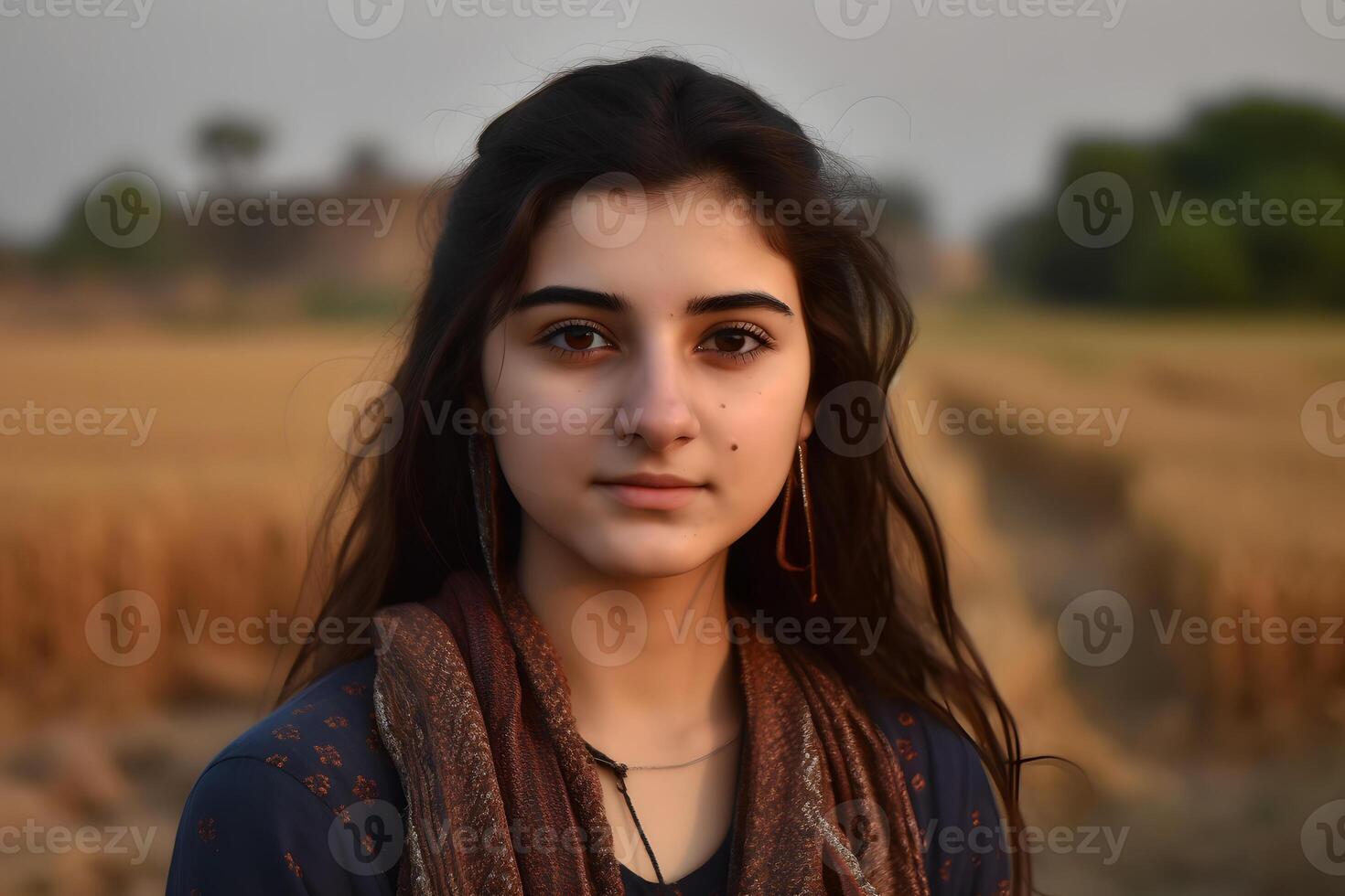 Portrait of a indian girl against the background of spikelets of wheat. Neural network photo