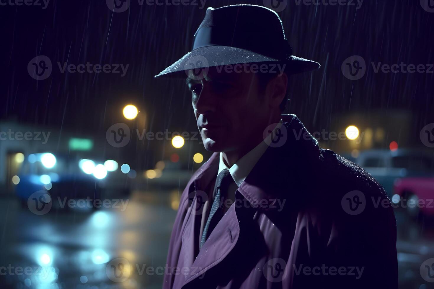 Detective in the rain in the night city. Neural network photo