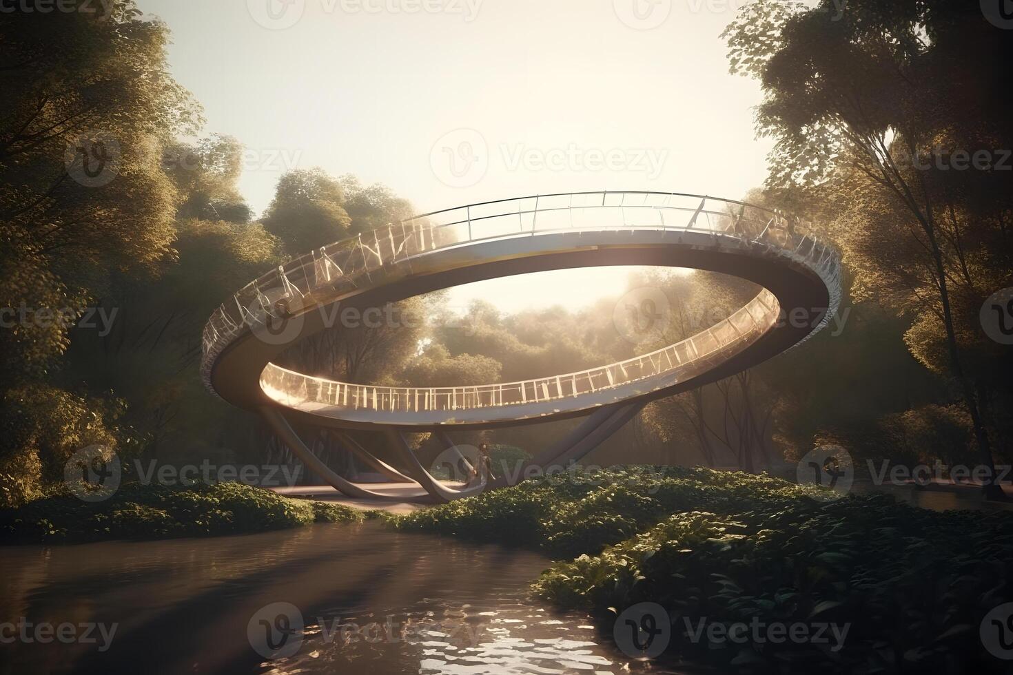 View on beautiful park in springtime with roamantic white bridge. Neural network photo