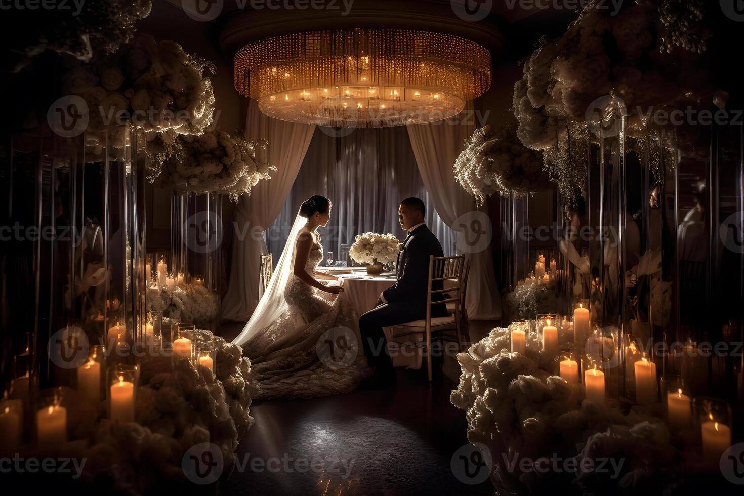 Wedding couple indoors is hugging each other. Neural network photo