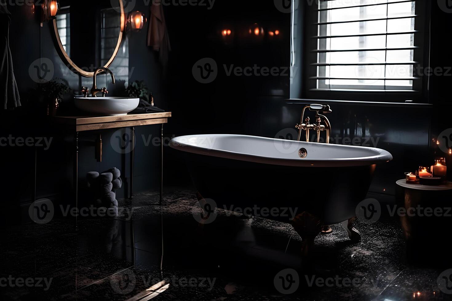 Elegant black bathroom with mirror wall and decorative marble tiles. Neural network photo