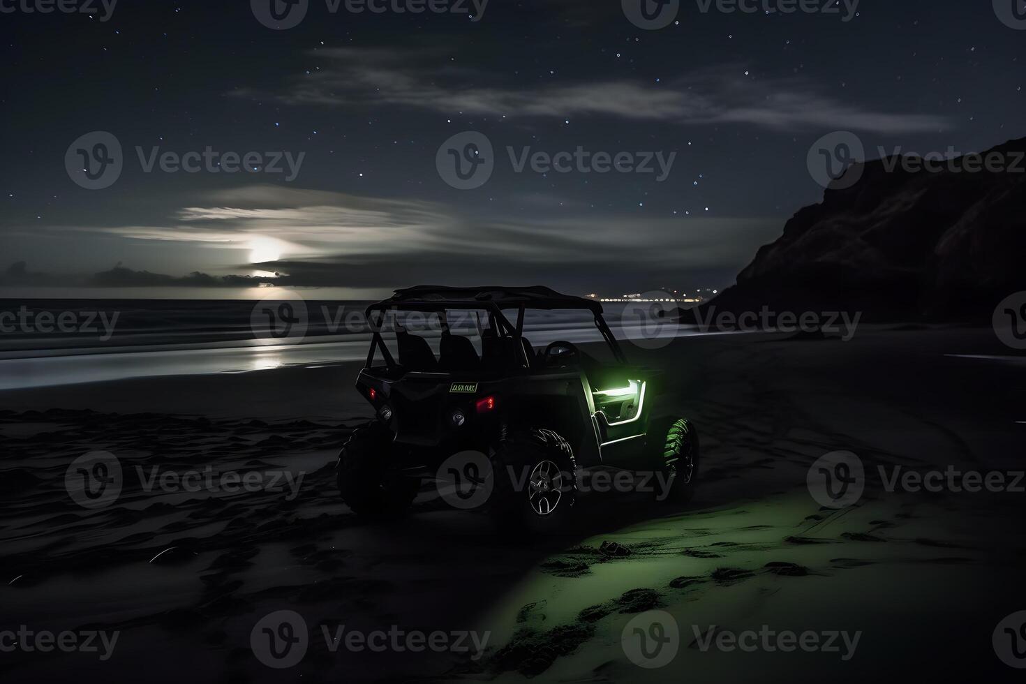 buggy car and northern lights beach. Neural network photo