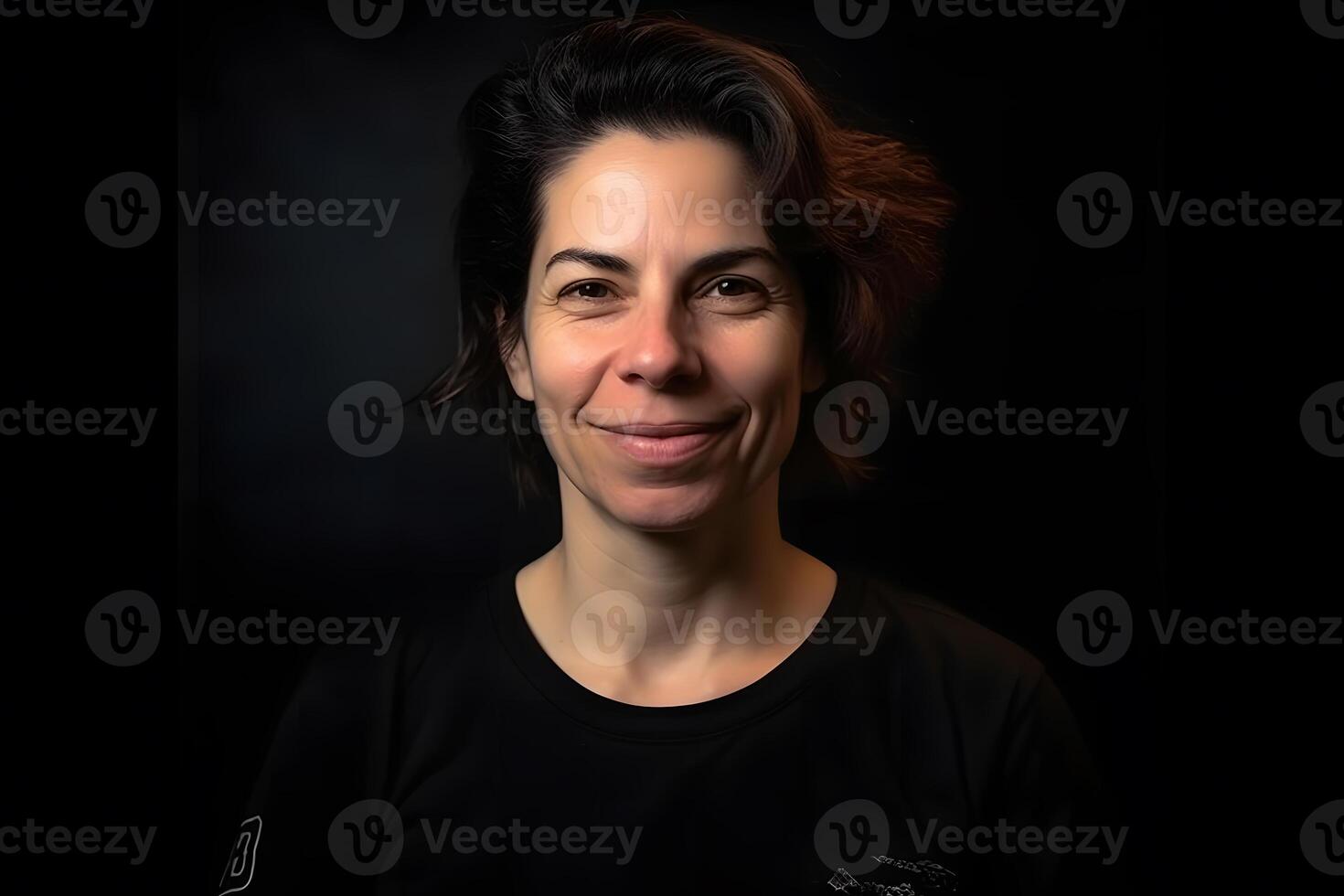 Beautiful young woman smiling portrait on dark background. Neural network photo