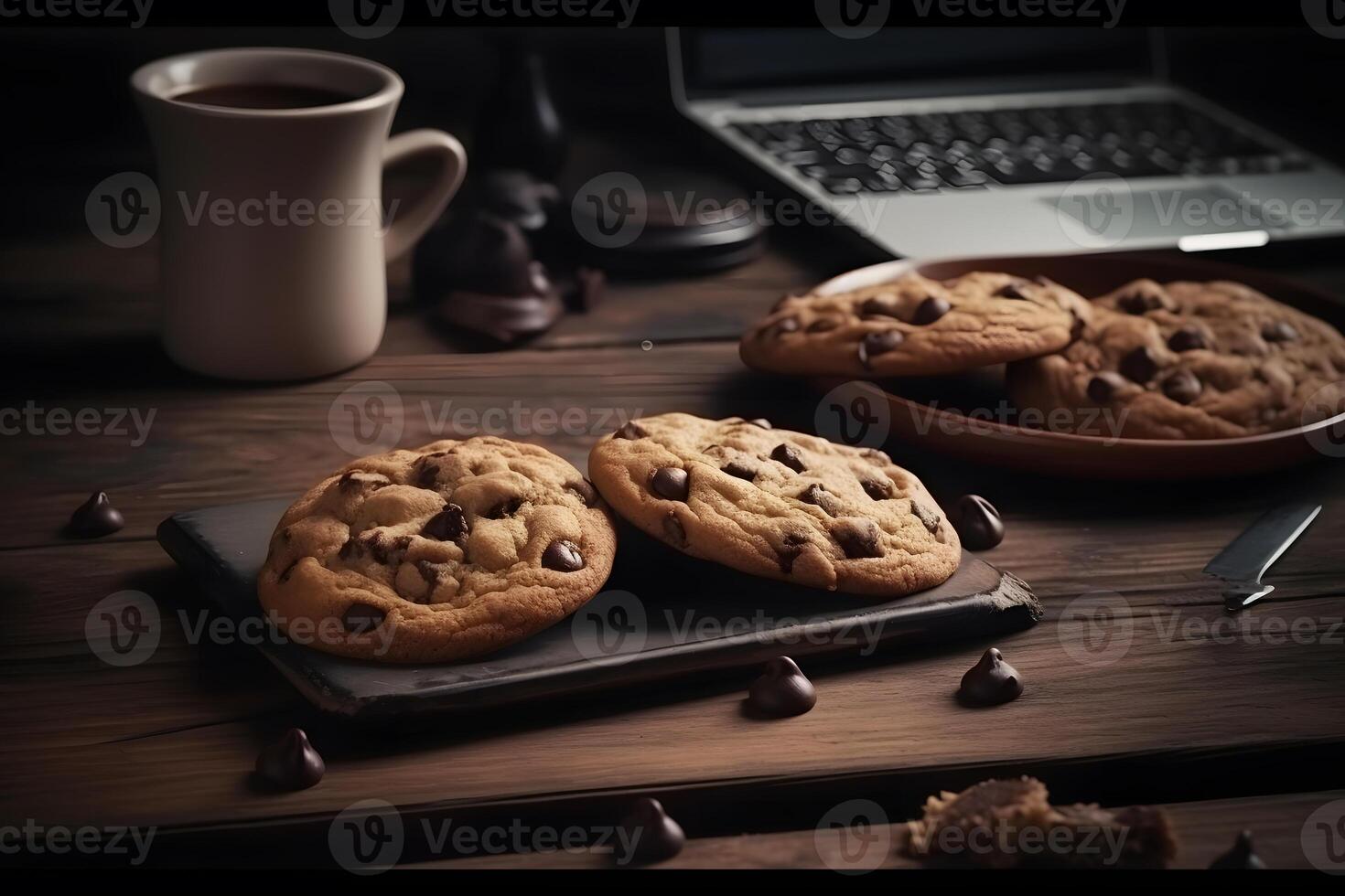 Chocolate cookies on wooden table closeup. Neural network photo