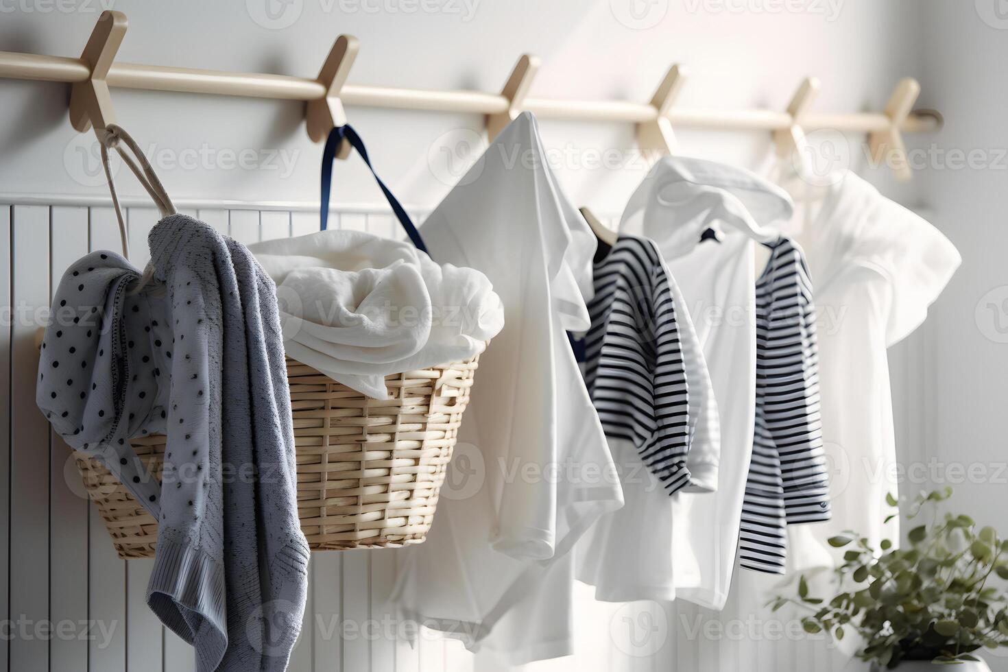 Clean clothes on hangers in the laundry room. Neural network photo