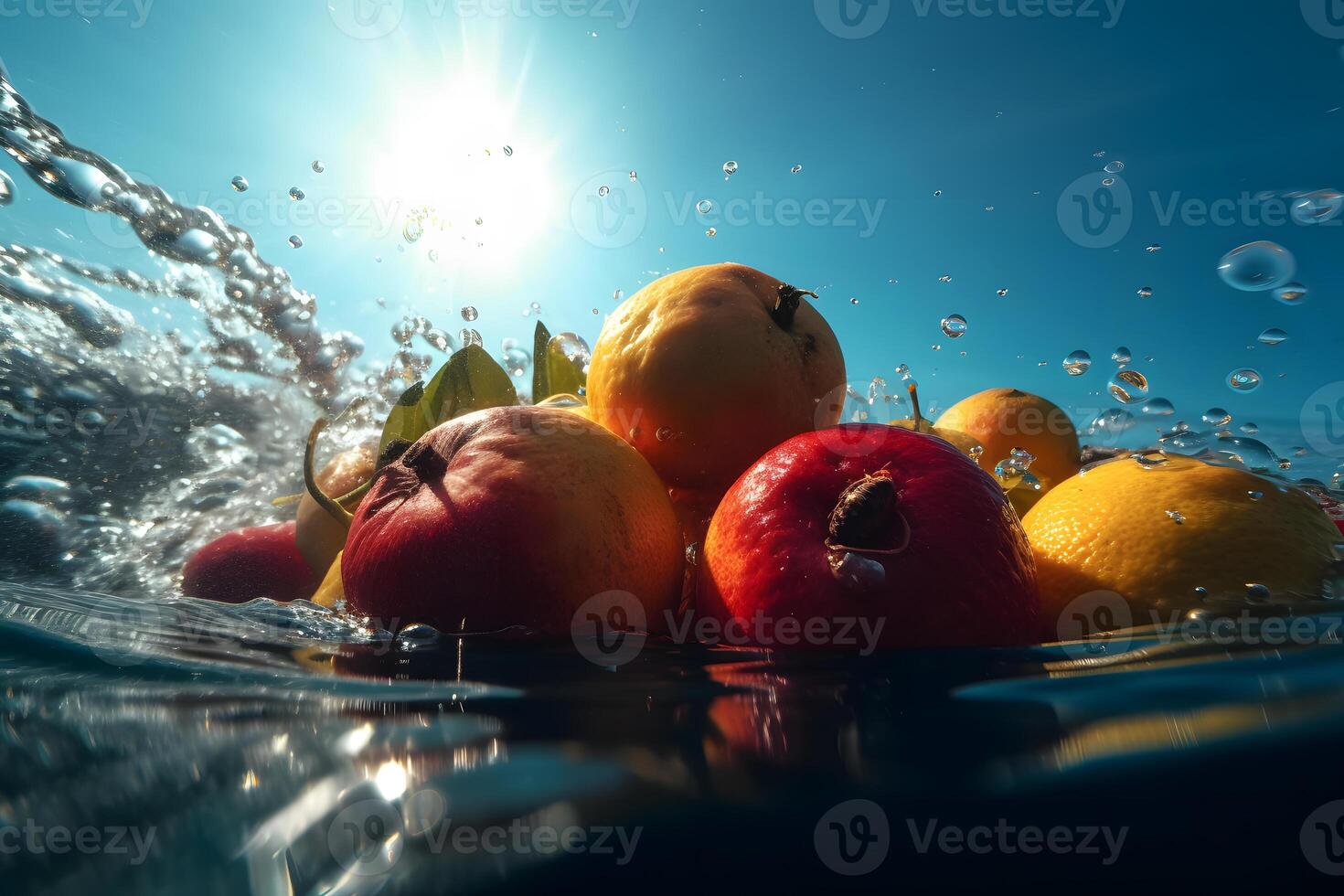 Tropical fruits fall deeply under water with a big splash. Neural network photo