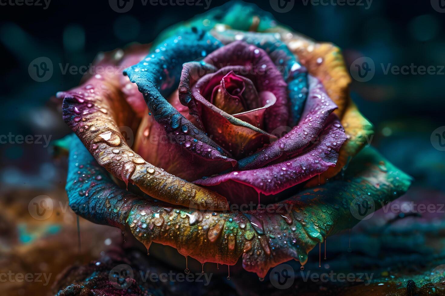 Rainbow rose with dew drops. Neural network photo