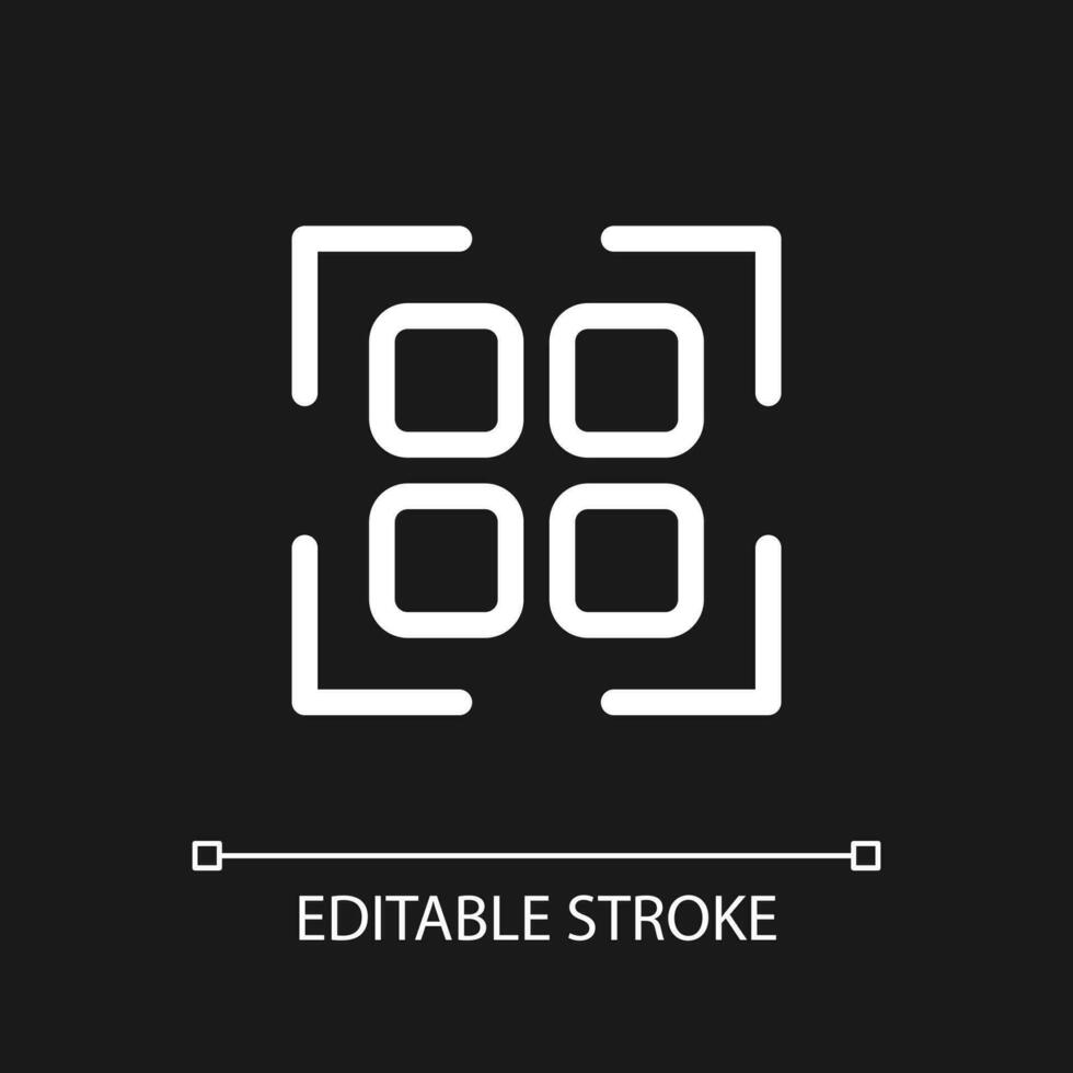 Scanning qr code pixel perfect white linear ui icon for dark theme. Get info from e-store. Vector line pictogram. Isolated user interface symbol for night mode. Editable stroke