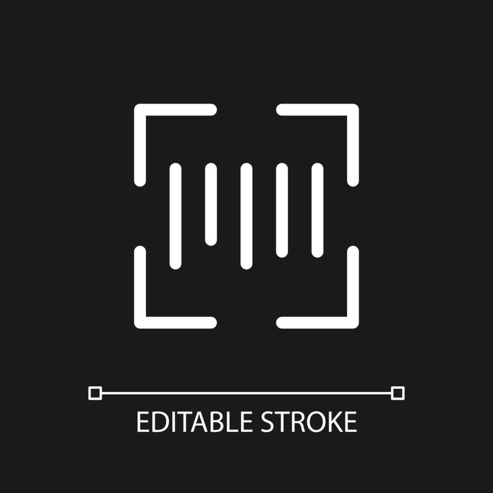 Scanning barcode pixel perfect white linear ui icon for dark theme. Inventory management. Vector line pictogram. Isolated user interface symbol for night mode. Editable stroke