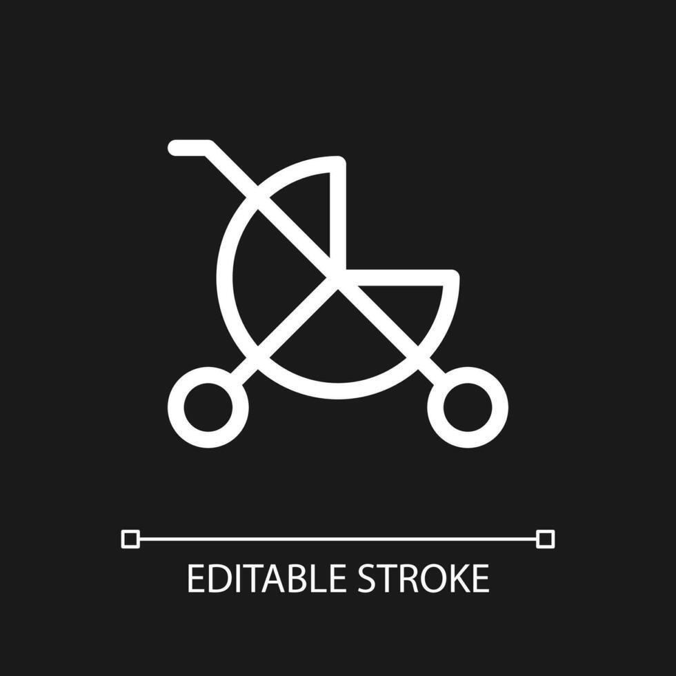 Baby carriage pixel perfect white linear ui icon for dark theme. Children goods department. Vector line pictogram. Isolated user interface symbol for night mode. Editable stroke