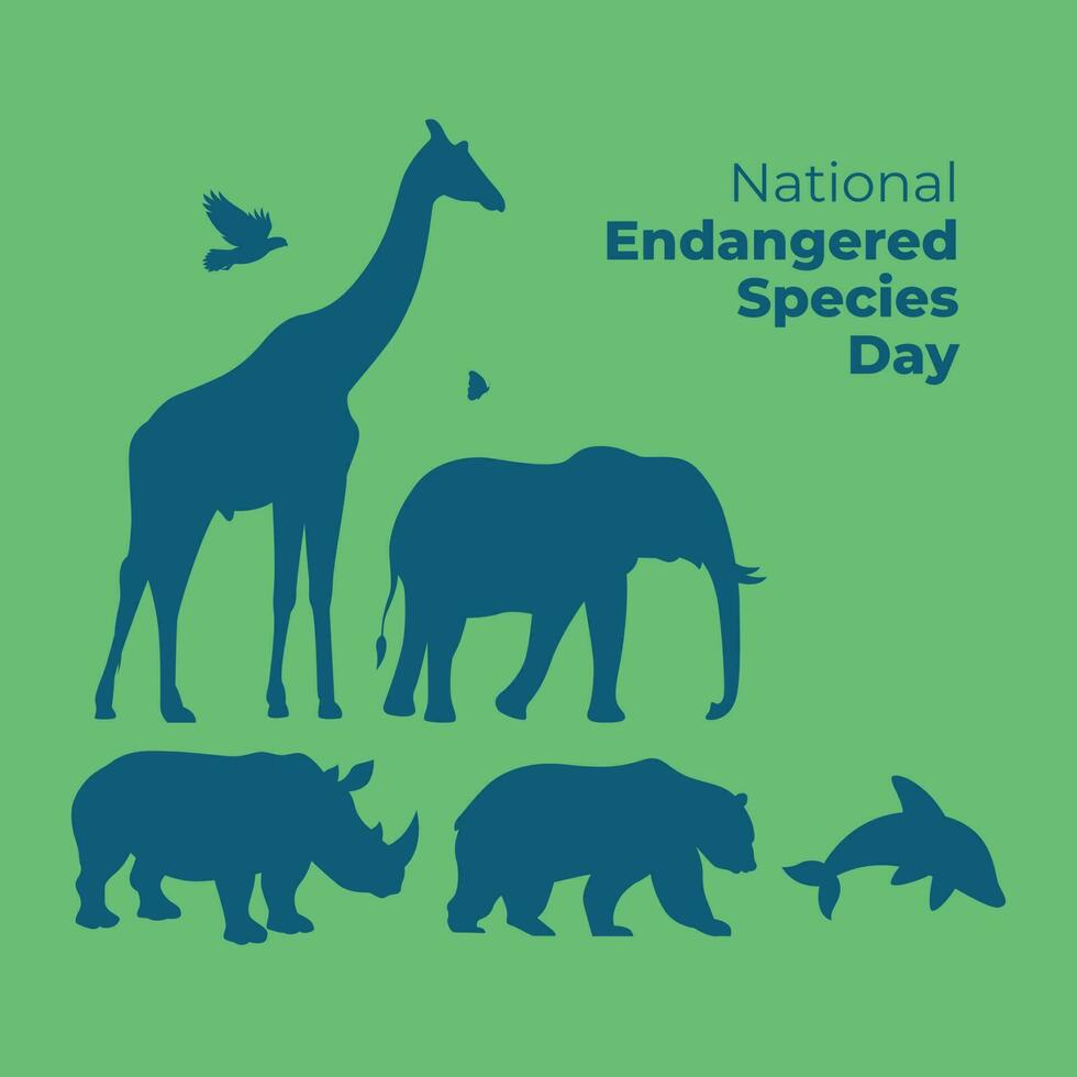 national endangered species day design template for celebration. endangered species giraffe elephant eagle butterfly bear whale dolphin vector design. animal silhoutte.