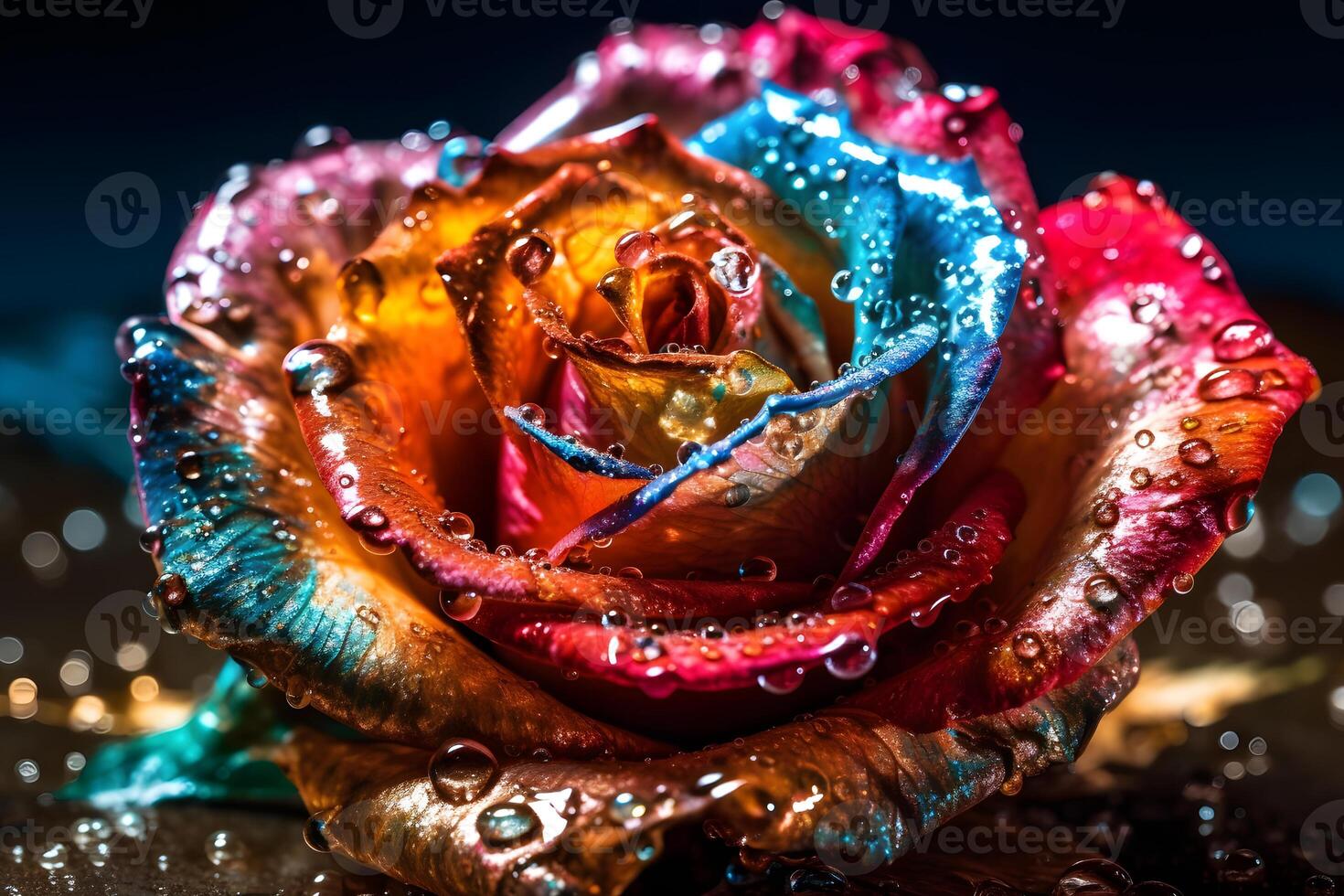 Rainbow rose with dew drops. Neural network photo