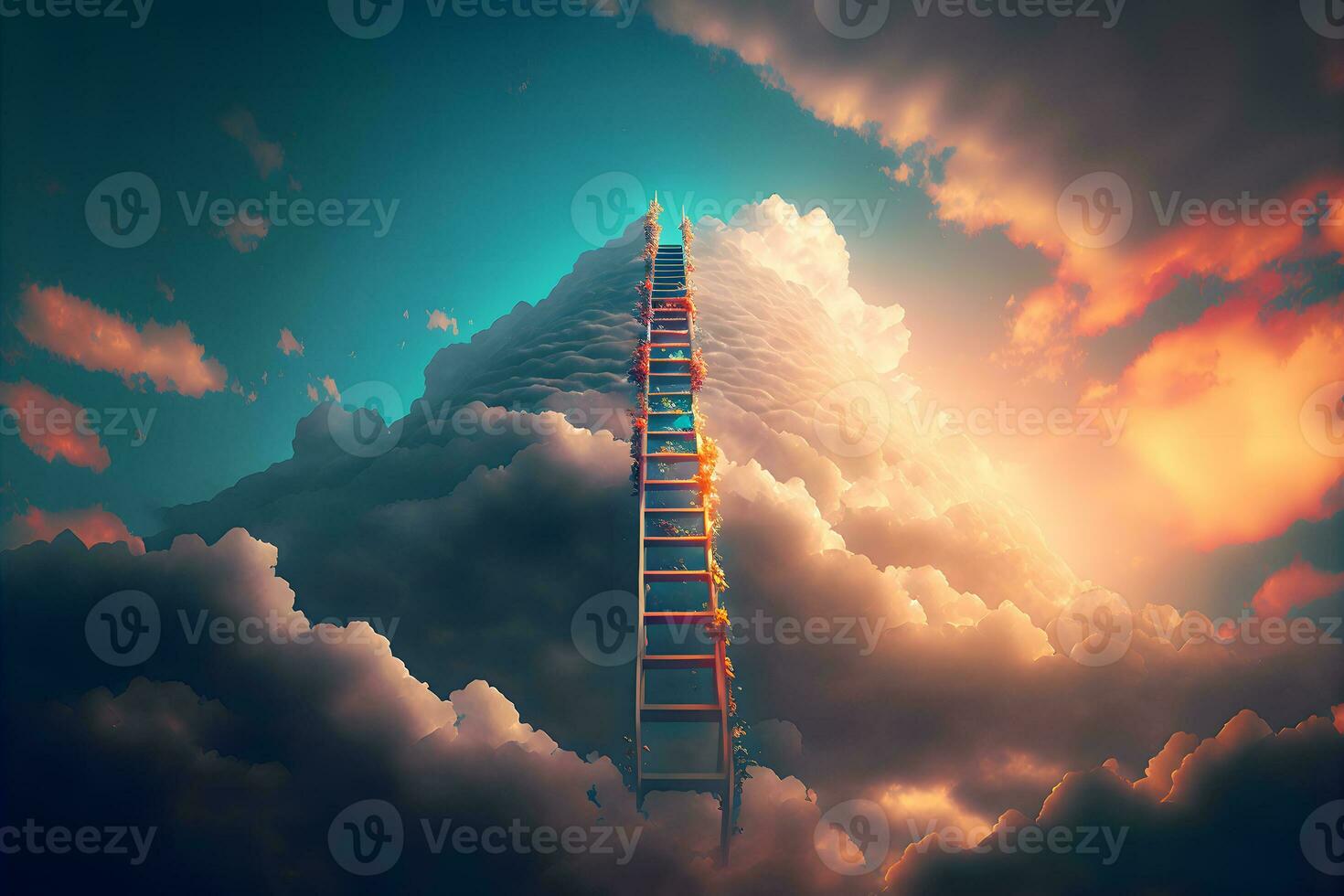 Stairway Leading Up To Heavenly Sky Toward The Light. Neural network generated art photo