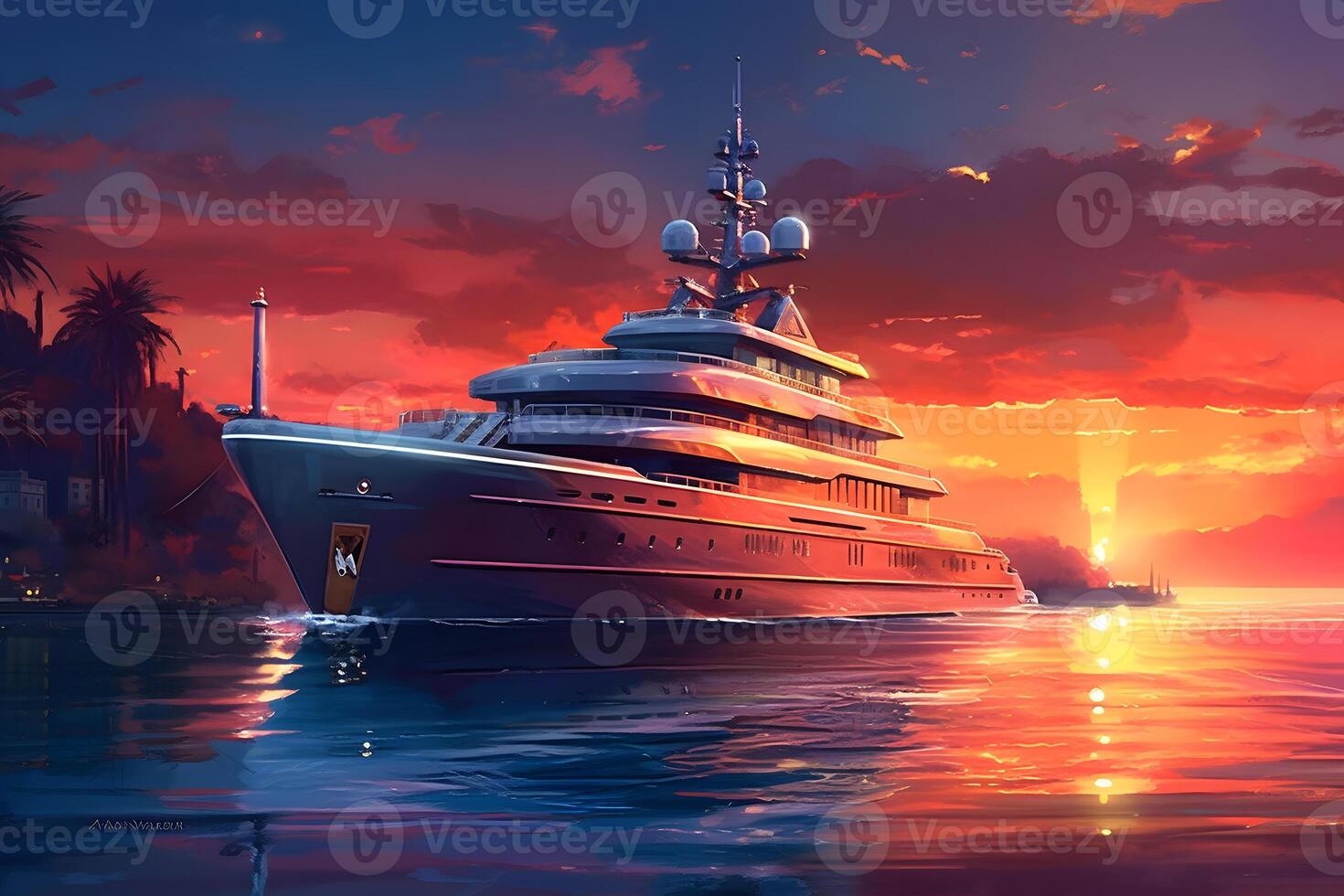 Yacht with neon lighting. Neural network photo