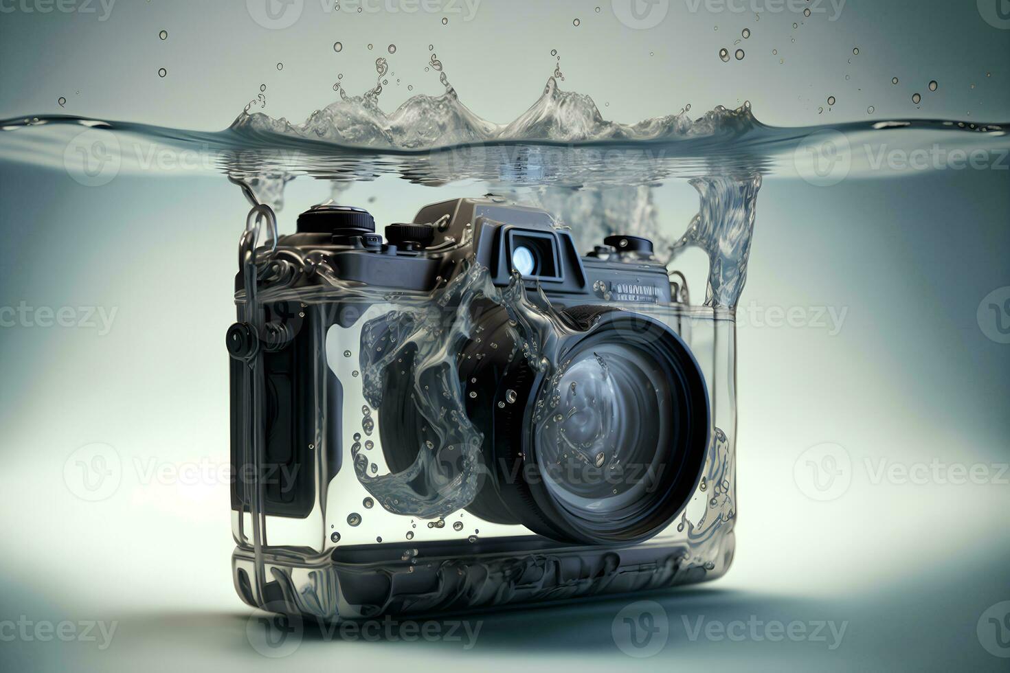 Modern SLR photocamera falling under water with water splashes. Neural network generated art photo